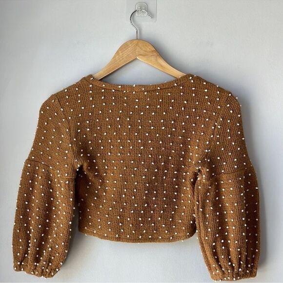 BCBGeneration Cropped Sweater Brown White Puffs - Picture 2 of 9